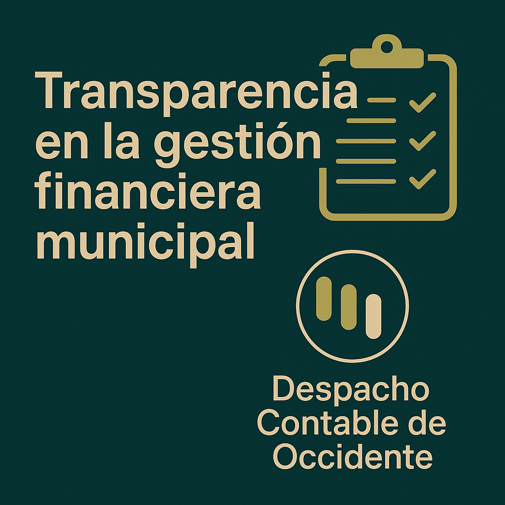 Transparencia en la gestión financiera municipal con diseño minimalista en verde oscuro, acentos mostaza y logotipo de Despacho Contable de Occidente.