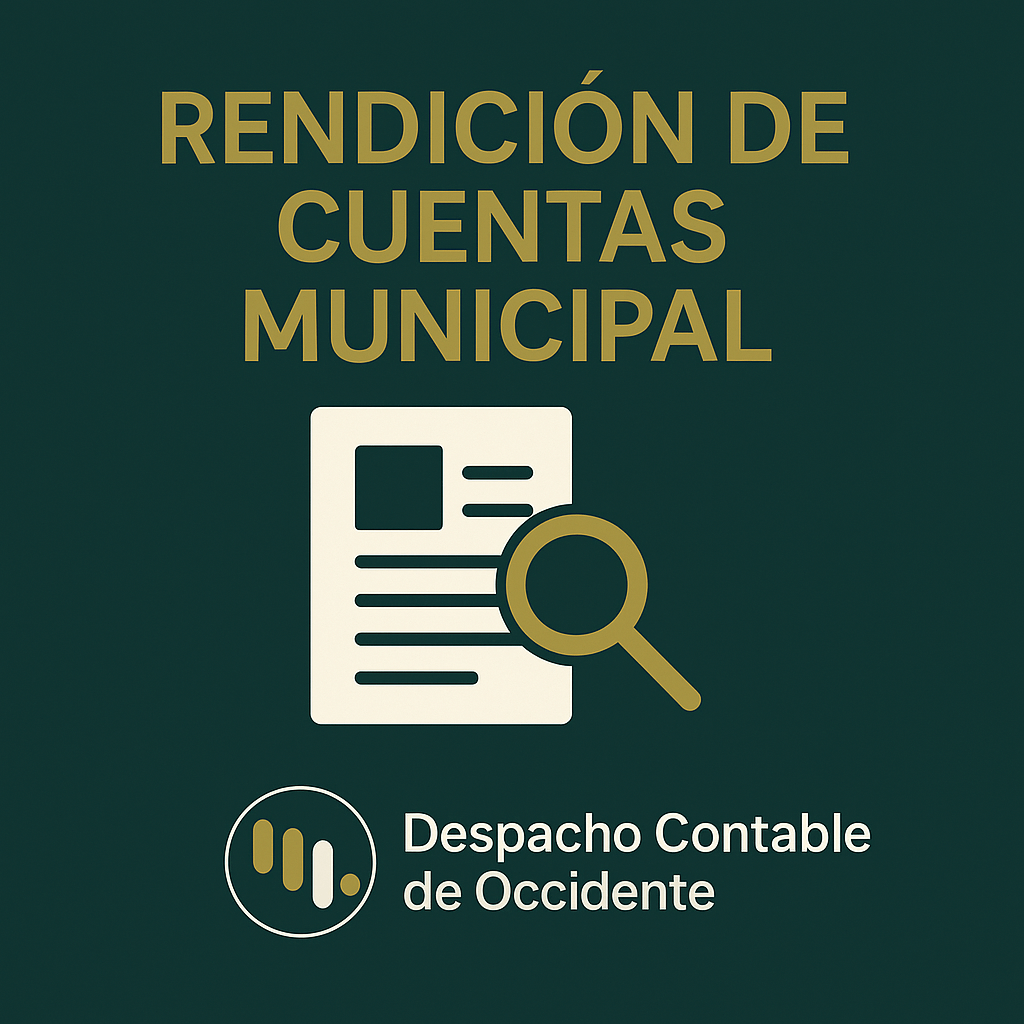 Diseño gráfico minimalista en verde oscuro y mostaza con ícono de documento y lupa, texto "Rendición de cuentas municipal" y logotipo de Despacho Contable de Occidente