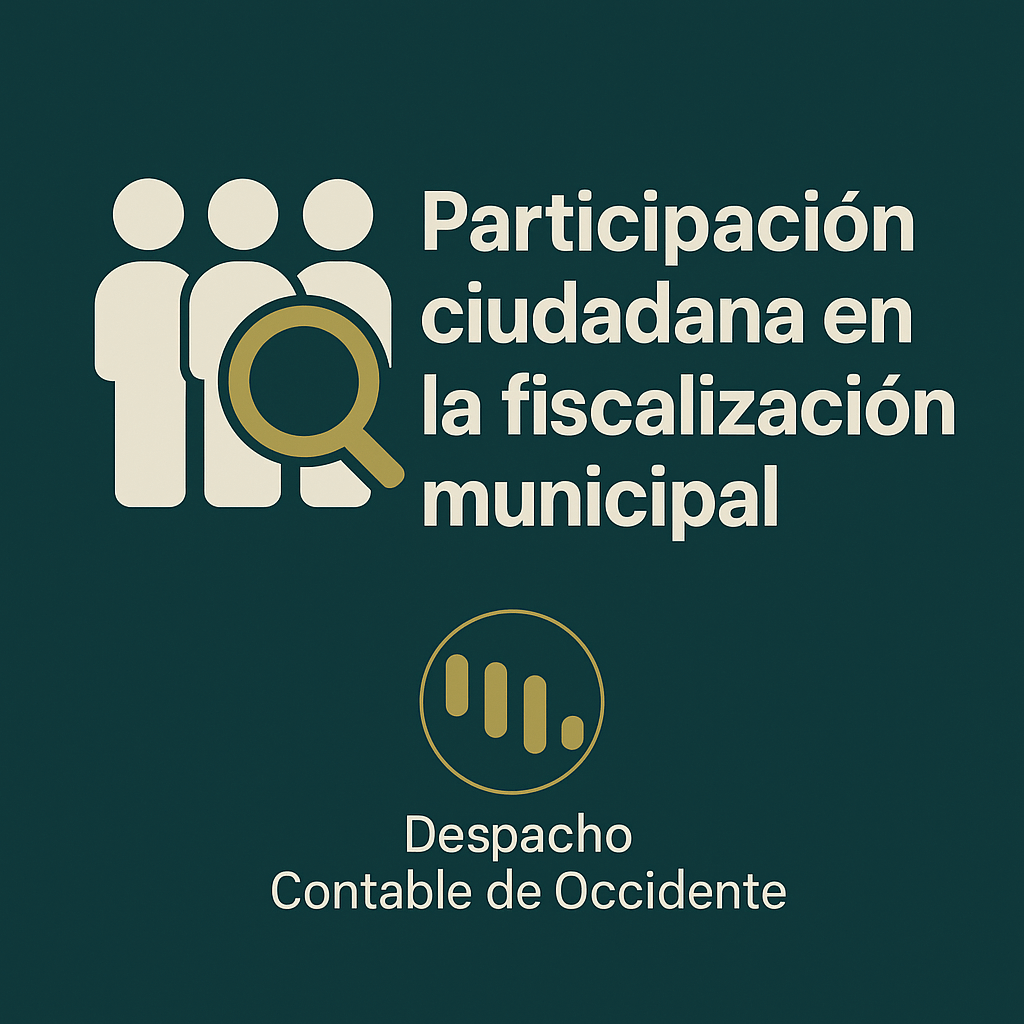 Diseño gráfico con fondo verde oscuro y mostaza que ilustra participación ciudadana en la fiscalización municipal con íconos de comunidad y lupa.