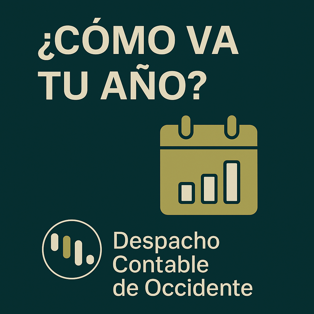¿Cómo va tu año?: diseño minimalista en verde oscuro con tipografía beige, ícono de calendario con gráfico y logotipo de Despacho Contable de Occidente.