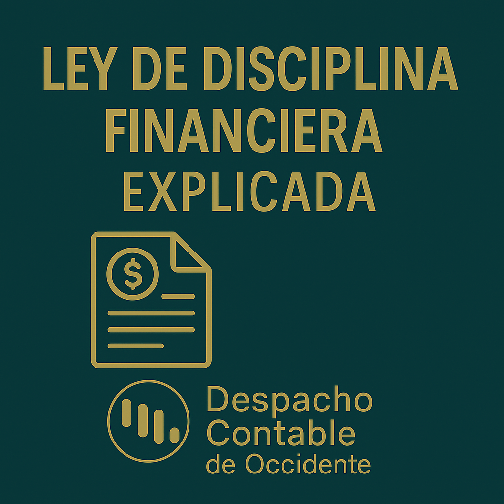 Ley de disciplina financiera explicada: diseño corporativo en verde oscuro y mostaza con ícono de documento financiero y logotipo de Despacho Contable de Occidente.
