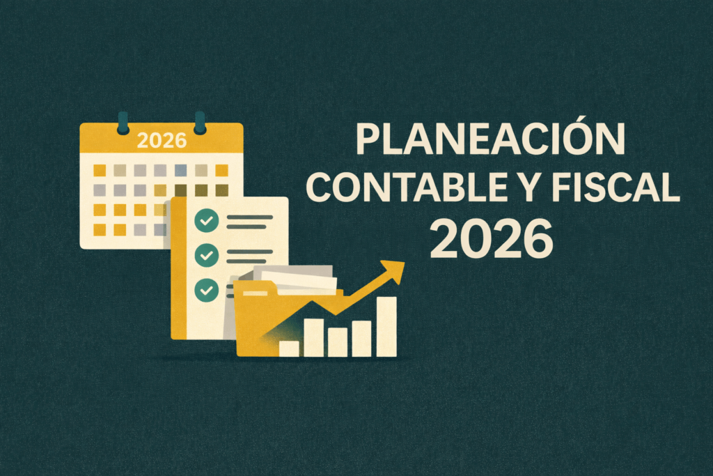 Banner institucional sobre planeación contable fiscal 2026, con iconos de calendario, checklist y carpeta, en paleta de Despacho Contable de Occidente.