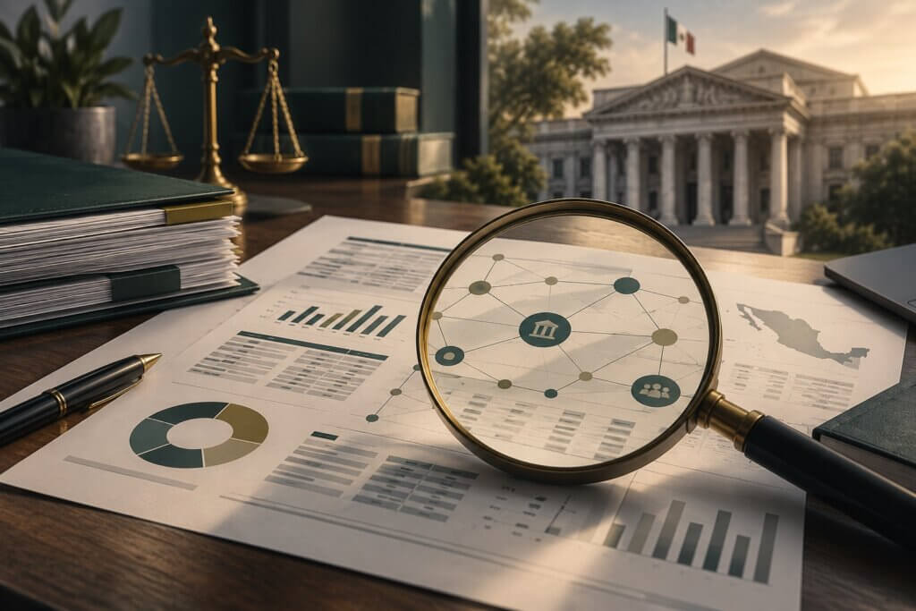 Ilustración de auditoría forense en el gobierno: lupa sobre documentos financieros frente a un edificio público.
