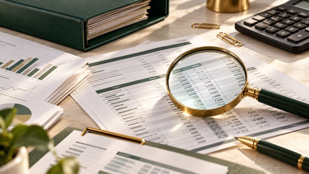 Lupa sobre registros contables junto a una calculadora y documentos para un peritaje en contabilidad.